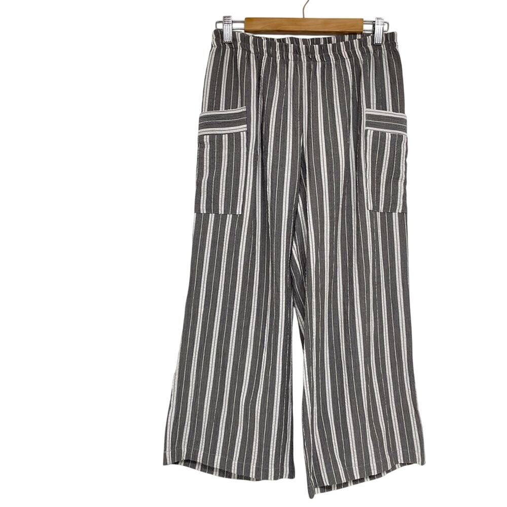 Soft Surroundings Grey & White Wide Striped Cropped Wide Leg Pants Womens M